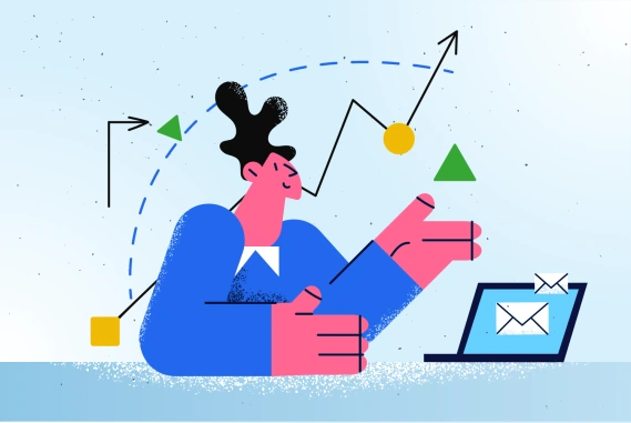 Illustration of woman sending emails on laptop